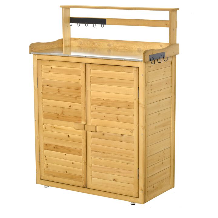 Yellow Garden Station: 34.25"L Wooden Potting Bench with Storage