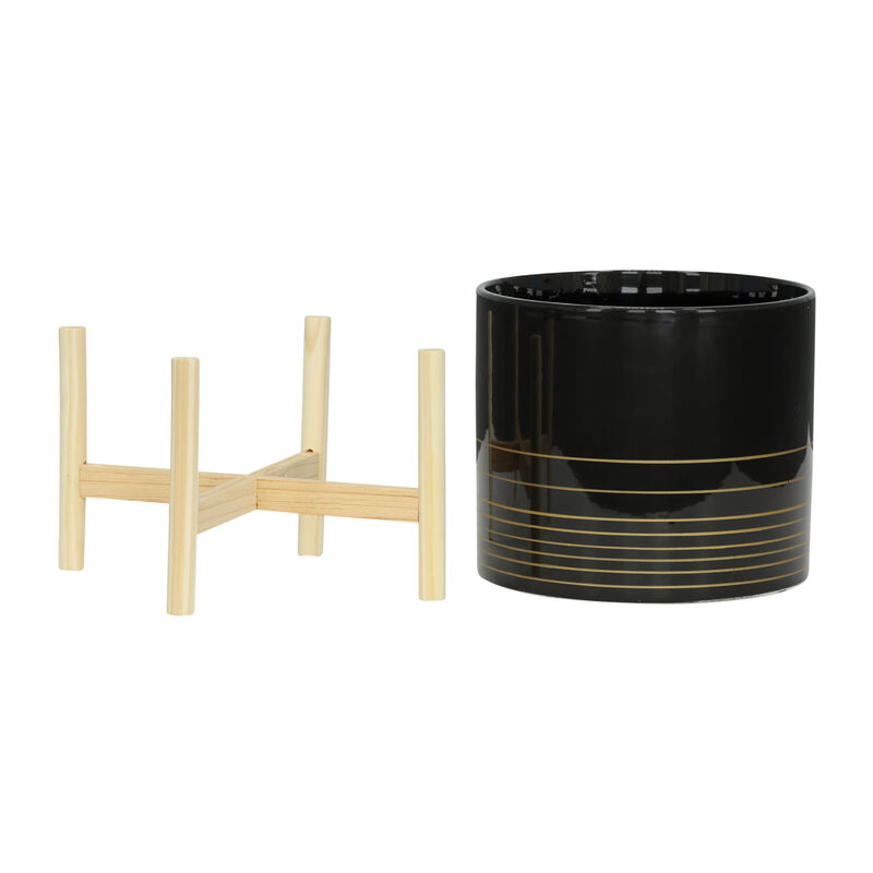 12" Ceramic Metallic Planter with Wood Stand, Black