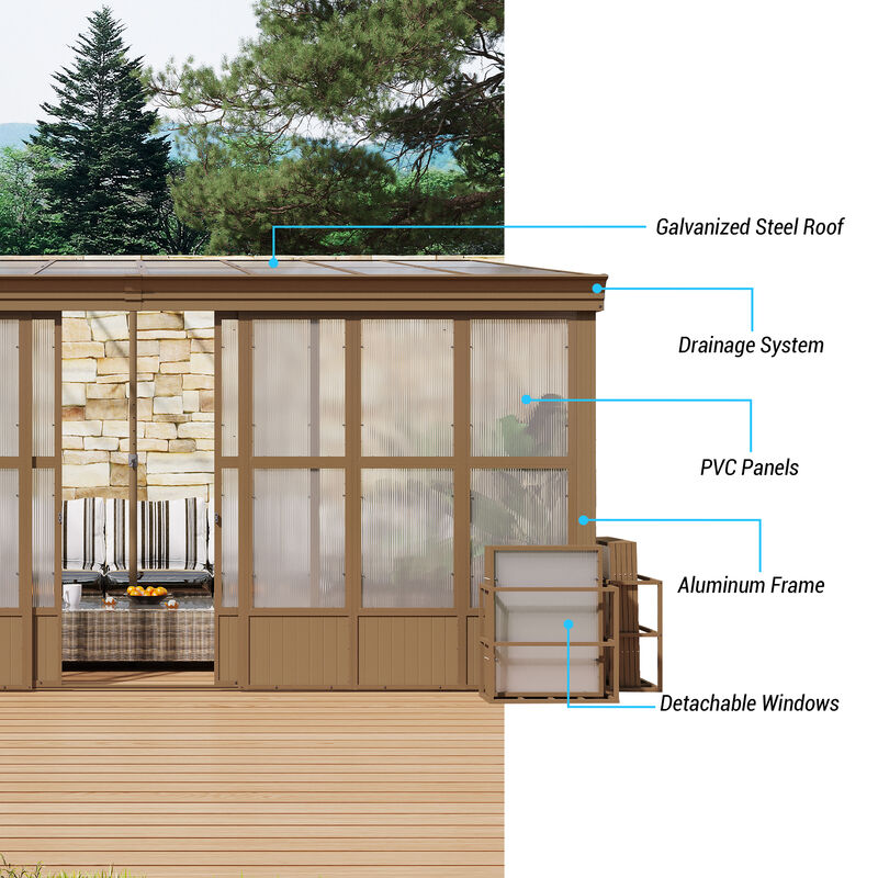 MONDAWE Aluminum Lean to Sunroom 12x16FT, Wall Mounted Solarium with Sloping Polycarbonate Roof and Screens, 2 Lockable Sliding Doors