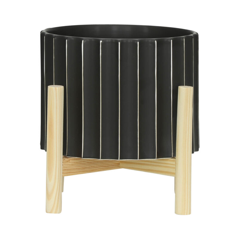 Ceramic Fluted Planter W/ Wood Stand