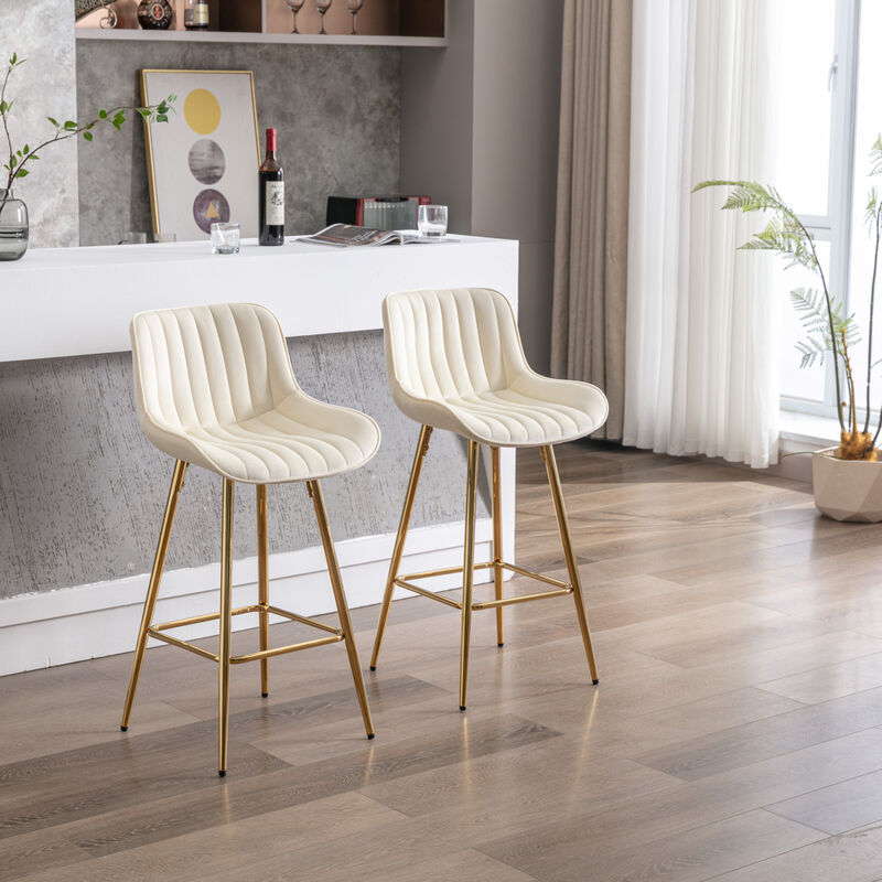 26 Inch Set of 2 Bar Stools, with Chrome Footrest Velvet Fabric Counter Stool Golden Leg Simple Bar Stool, CREAM