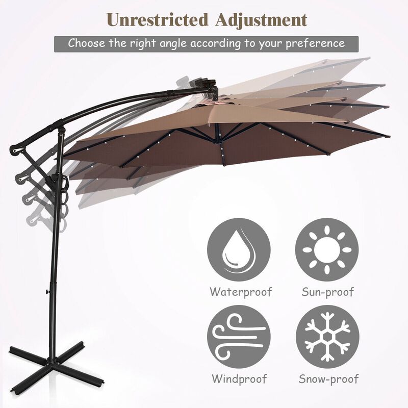 10 ft 360° Rotation Solar Powered LED Patio Offset Umbrella without Weight Base