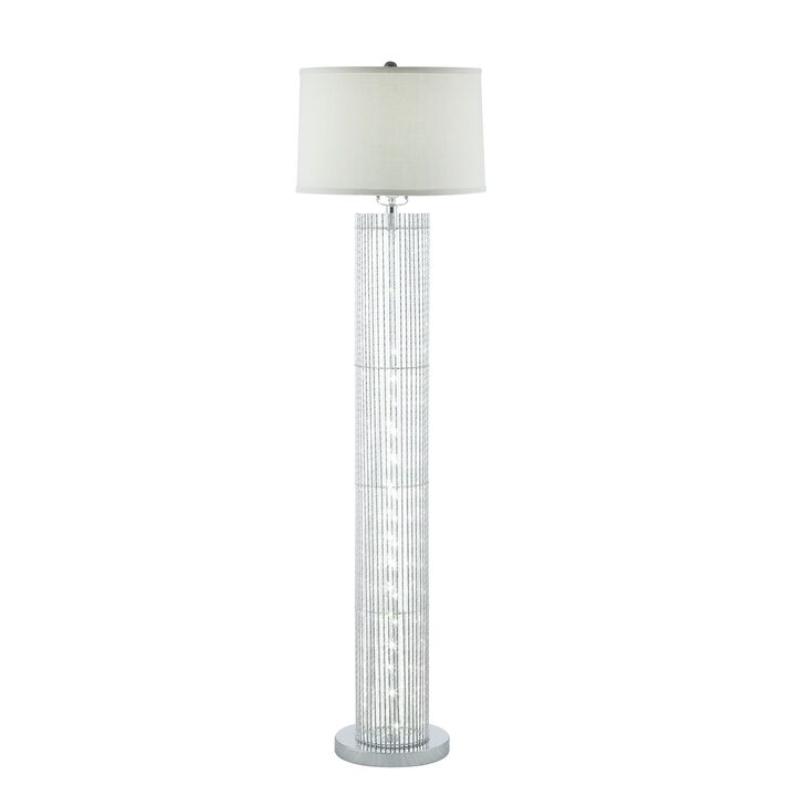 Jin 57 Inch Floor Lamp, Gray Drum Fabric Shade, Modern Round Silver Base-Benzara