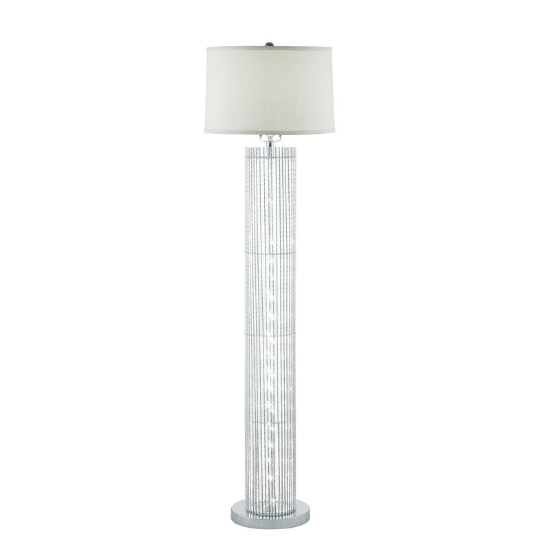Jin 57 Inch Floor Lamp, Gray Drum Fabric Shade, Modern Round Silver Base-Benzara