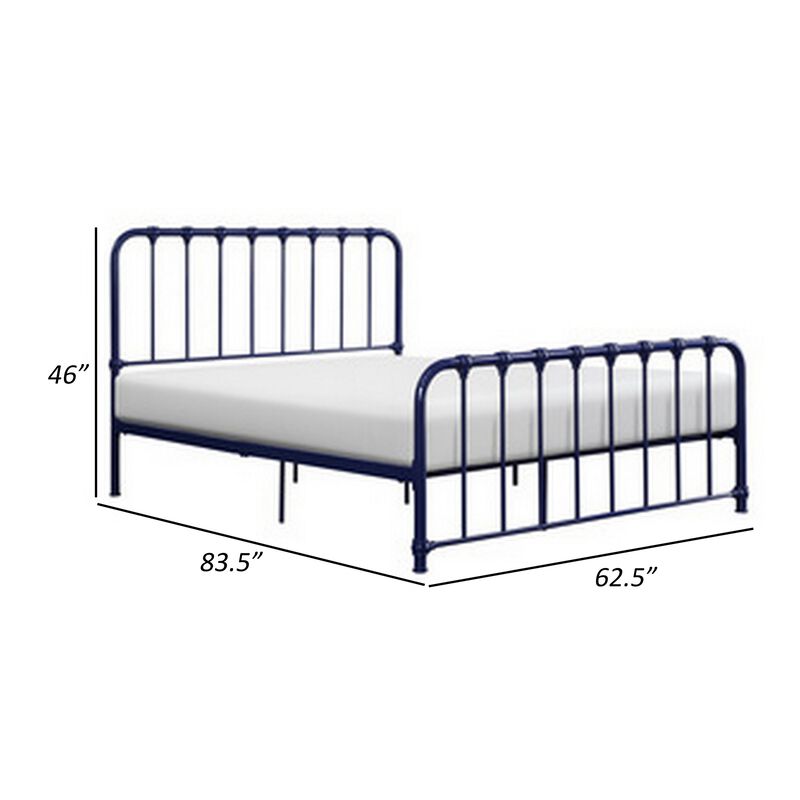 Ethan Queen Size Bed, Classic Open Slatted Metal Frame Design, Blue - Benzara