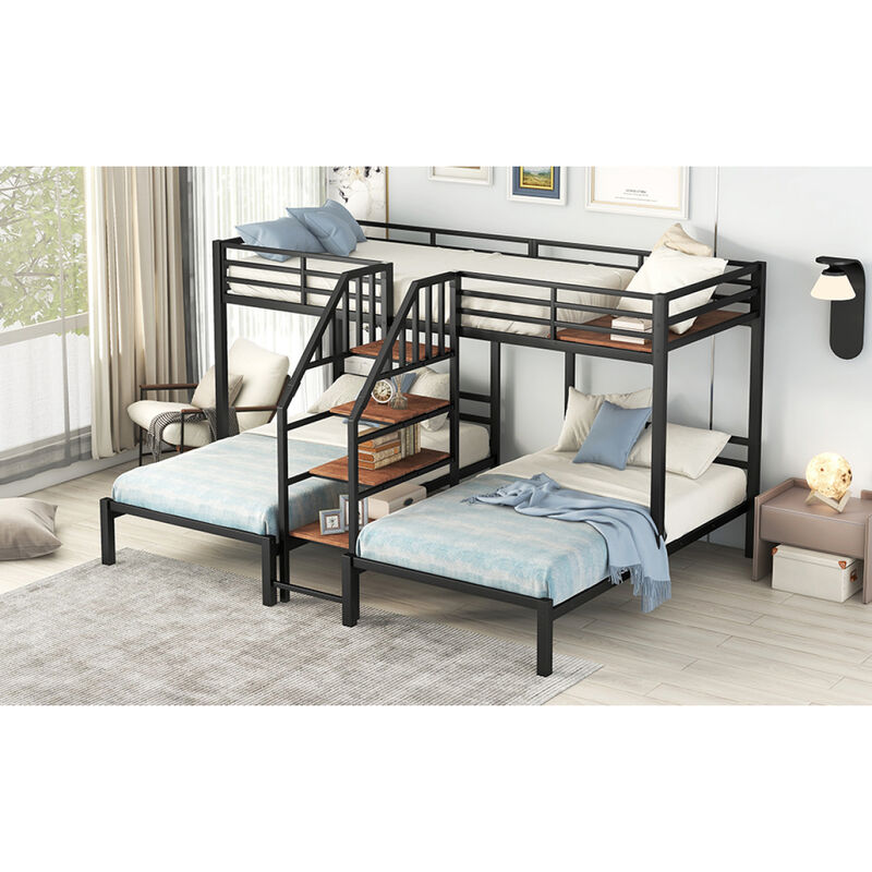 Metal Twin Over Twin & Twin Bunk Bed, Triple Bunk Bed With Storage Shelves Staircase