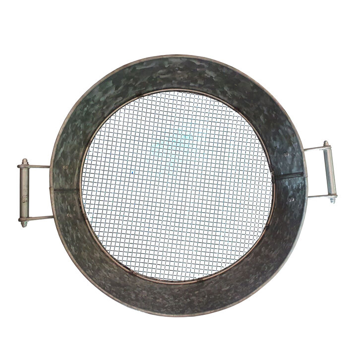 Round Galvanized Steel Compost Sifter with Wire Mesh Design Base, Antique Silver - Benzara