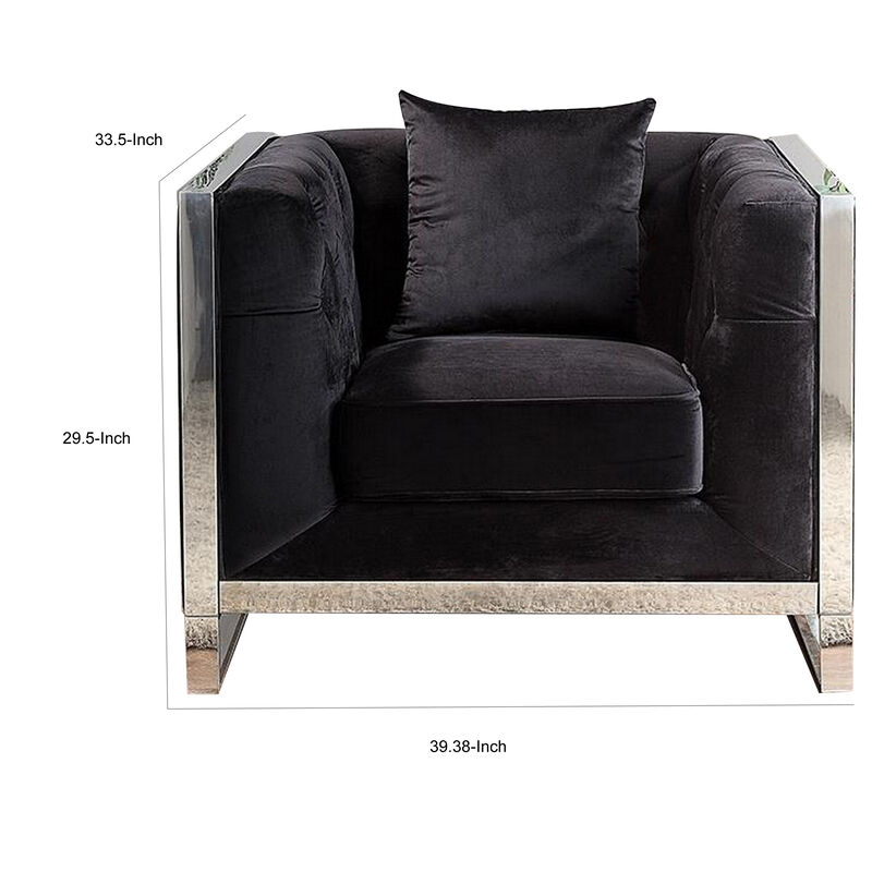 Vade 39 Inch Accent Chair, Stainless Steel Frame, Tufted Black Flannelette - Benzara