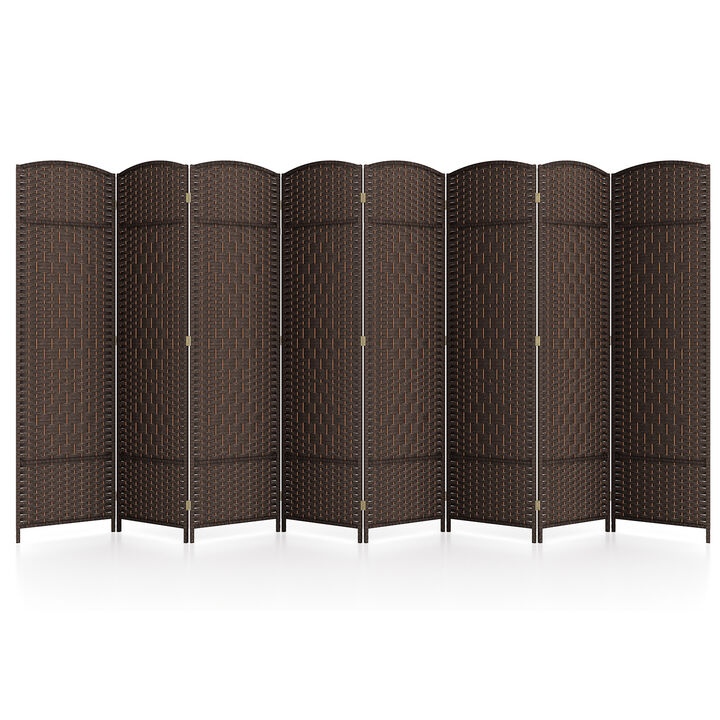 8-Panel Folding Room Divider with Hand-Woven Texture and Solid Wood Frame for Privacy and Decor