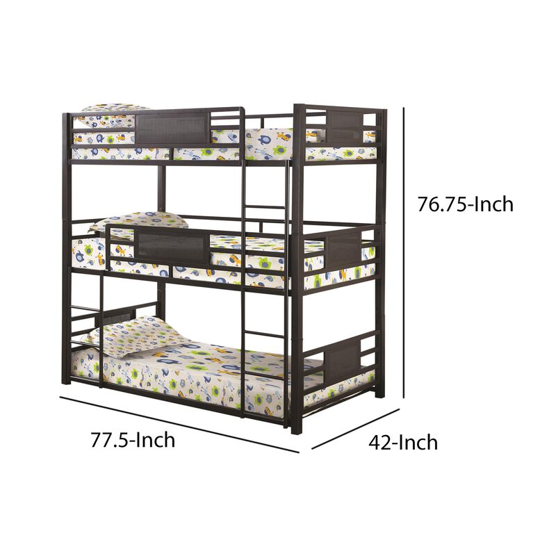 Metal Triple Bunk Bed with Built in Ladder, Bronze-Benzara