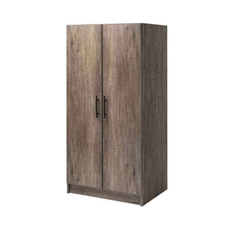 Wood Grain Wardrobe Closet – Bedroom Storage Armoire with Hanging Rail and Doors
