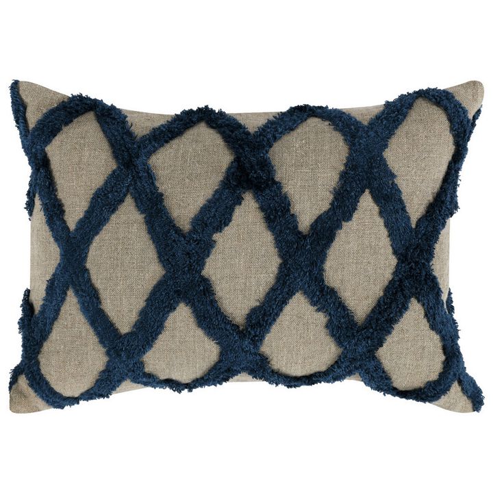 Lo 14 x 20 Lumbar Linen Accent Throw Pillow, Tufted Diamond Pattern, Blue-Benzara