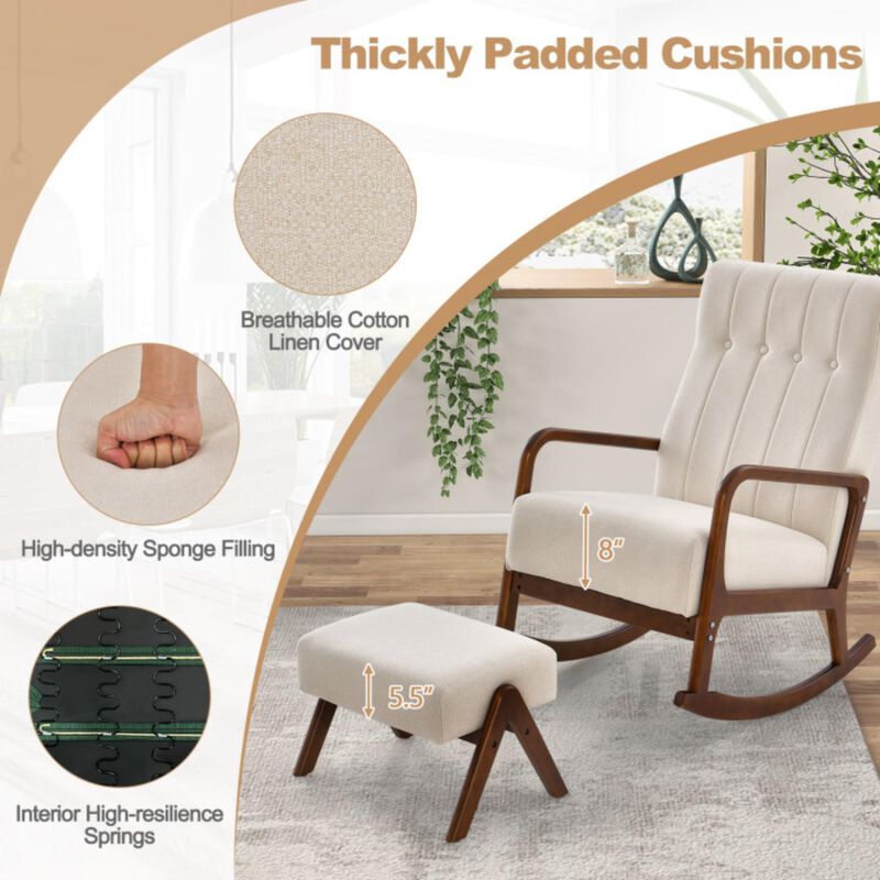Hivvago Rocking Chair with Ottoman and Solid Rubber Wood Frame and Padded Cushion