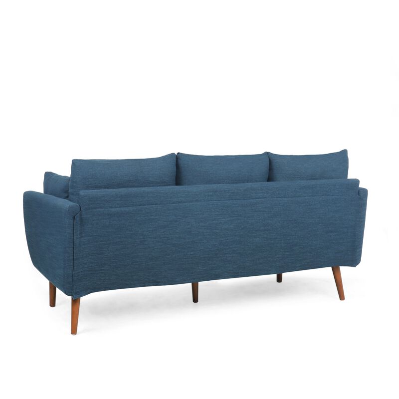 Nate Sofa with 2 Accent Pillows, 77 Inch Birch Wood, Navy Blue Fabric - Benzara