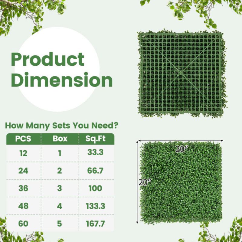 Hivvago 12 Pieces 20 x 20 Inch Artificial Boxwood Wall Panels with Insertable Branches