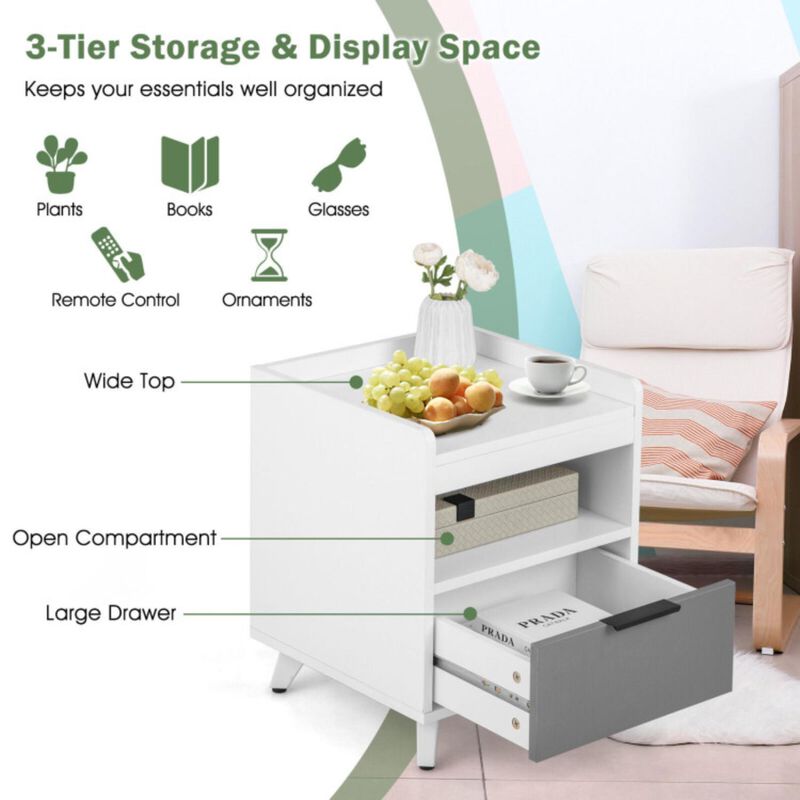 Hivvago Modern Nightstand with LED Lights Sliding Drawer and Open Compartment-White