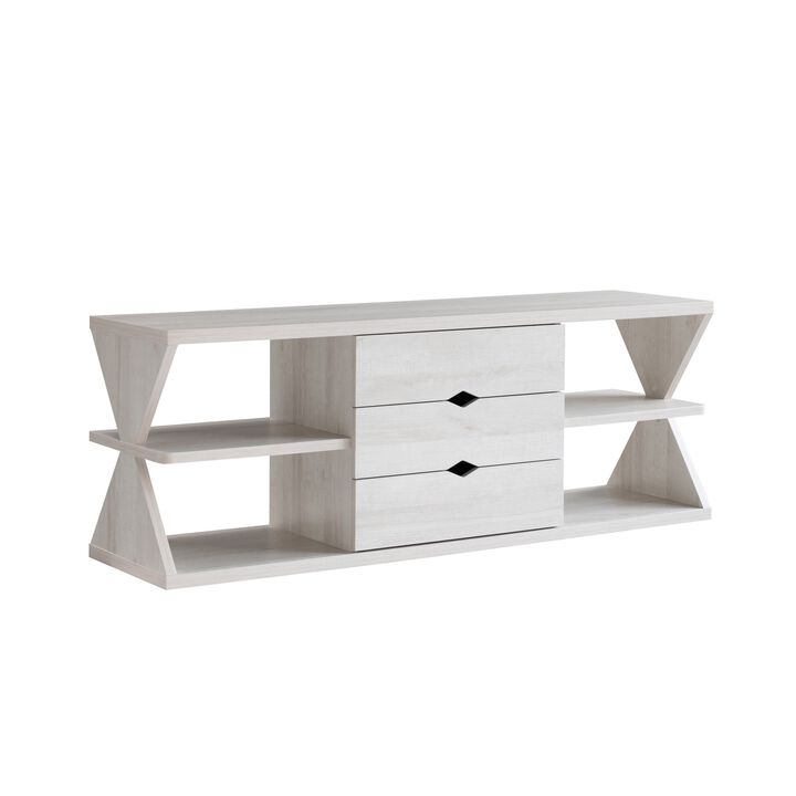 60 Inch TV Media Entertainment Console with 4 Shelves, 3 Drawers, Oak White-Benzara