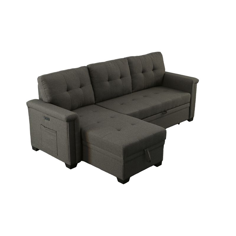 Ruben 84 Inch Reversible Sleeper Sectional Sofa, Storage Chaise, Dark Gray-Benzara