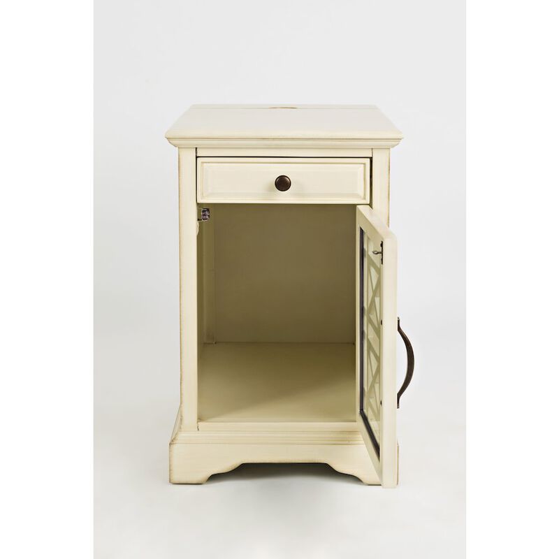 Craftsman USB Charging Station Chairside Wooden End Table Nightstand with Traditional Farmhouse Style with Glass Door and Storage, Antique Cream