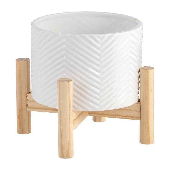 6" Ceramic Chevron Planter with Wood Stand