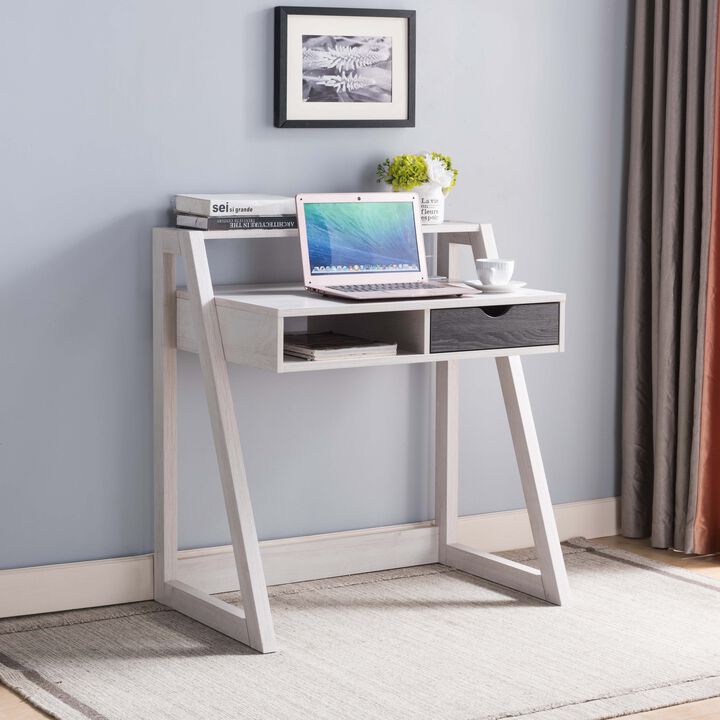 White Oak & Distressed Grey Home Office Desk with Lifted Shelf and USB/Power Outlet