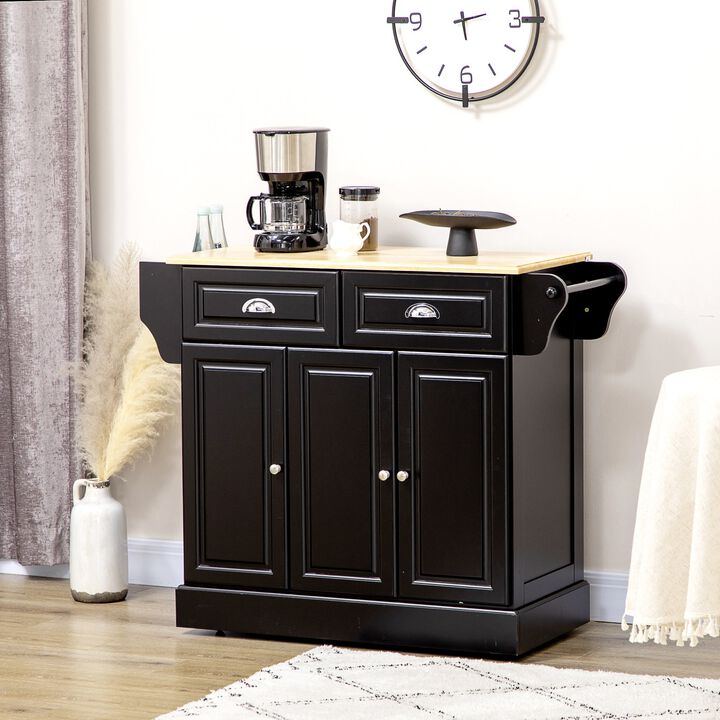 Black Culinary Aid: Kitchen Island on Wheels with Rubber Wood Top
