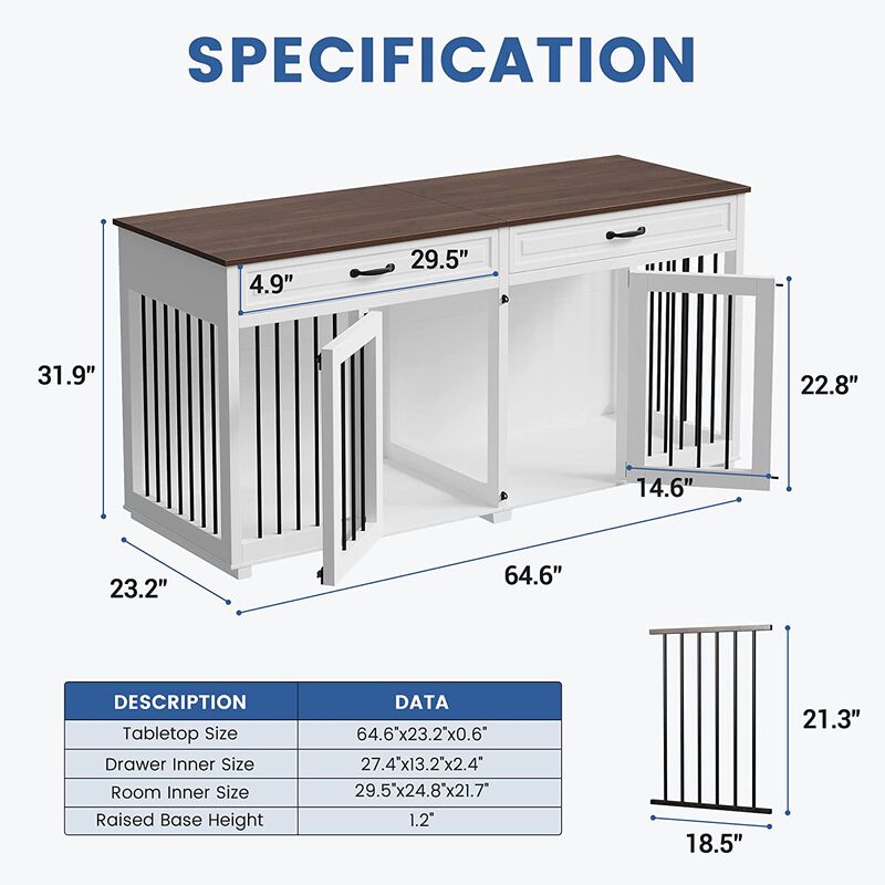 64.6 in. Large Dog House Furniture, Indoor Wooden Dog Crate Kennel with 2-Drawers and Divider for Medium or 2 Small Dogs