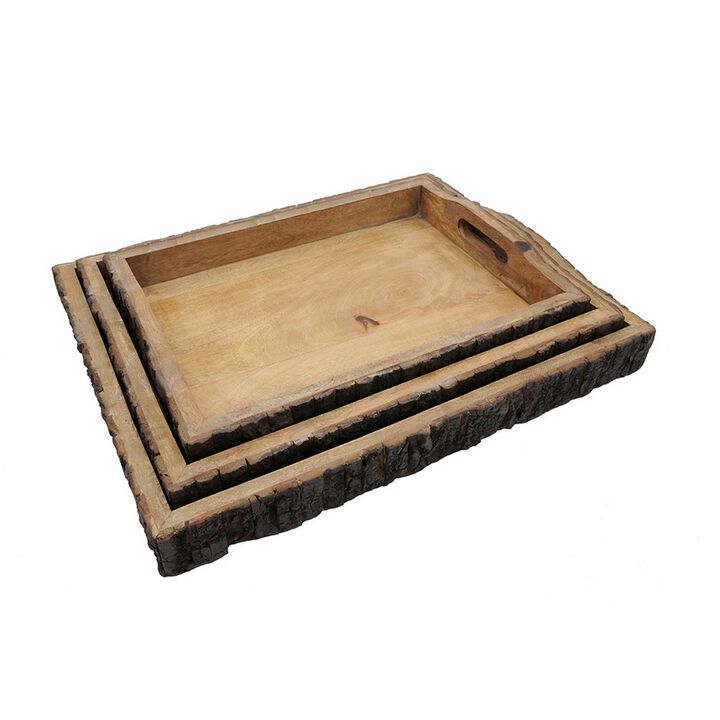 20, 18, 16 Inch Set of 3 Wood Serving Trays, Tree Bark Accent, Natural Brown-Benzara