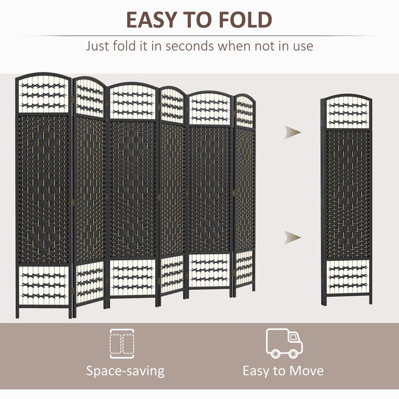 Black Spacious Partition: 6-Panel Folding Wave Room Divider