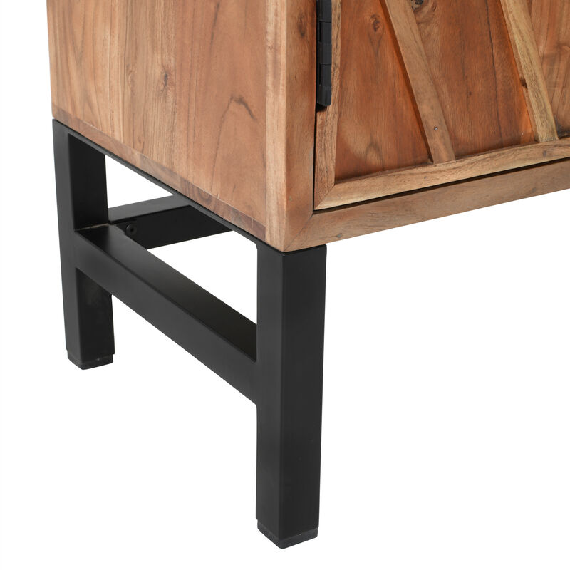 30 Inch Storage Cabinet, Handcrafted Rustic Brown Acacia Wood, Black Iron Legs
