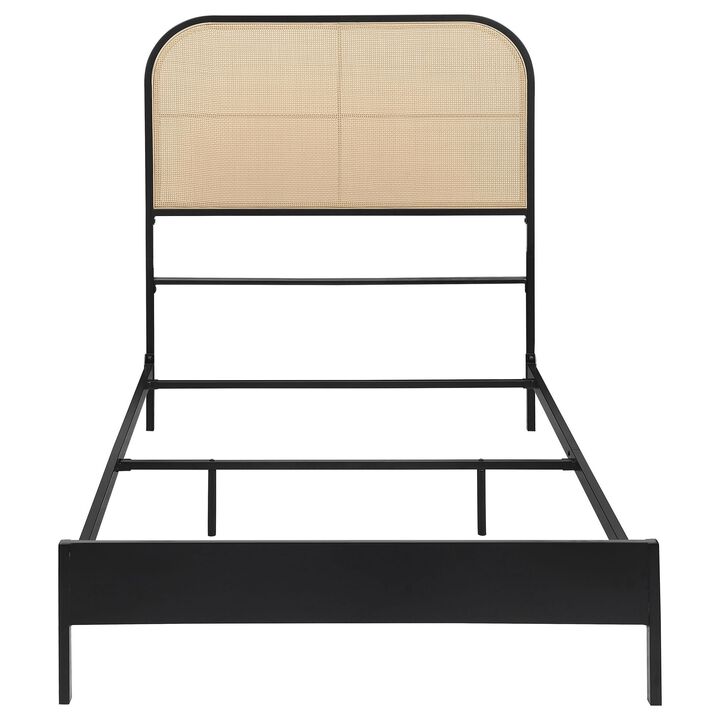 Ammy Twin Bed, Radio Weave Headboard, Brown Faux Rattan, Black Metal  - Benzara