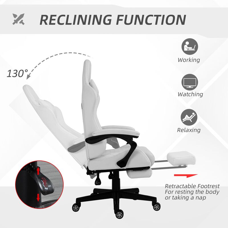 White Gaming Comfort: Racing Chair with PU Leather and Retractable Footrest