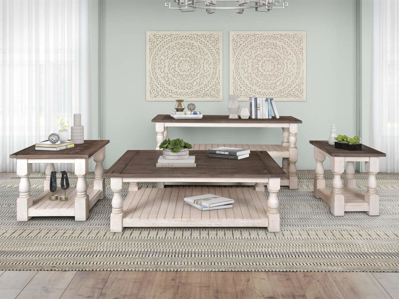 Rustic French 18 in. Cottage White and Brown Rectangular Wood End Table