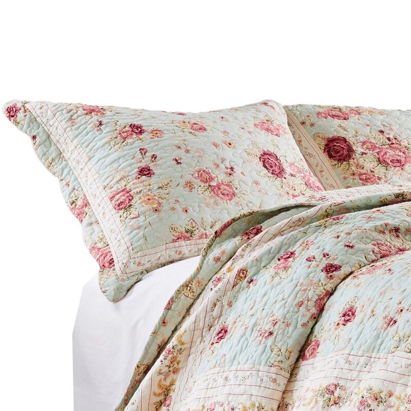 Rosle 2pc Twin Quilt and Pillow Sham Set, Scallop Edges, Floral Blue Cotton - Benzara