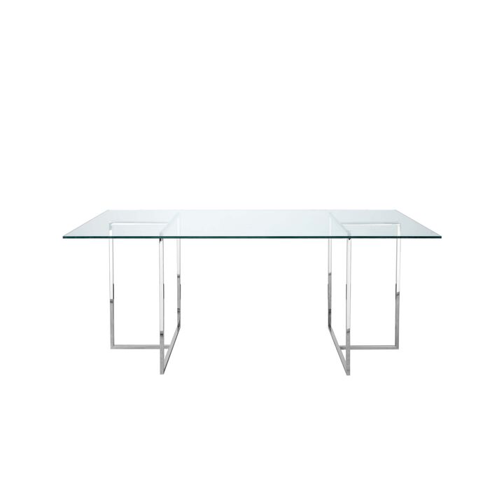 Nisa 71 Inch Dining Table, Tempered Glass Rectangular Top, Chrome Metal - Benzara
