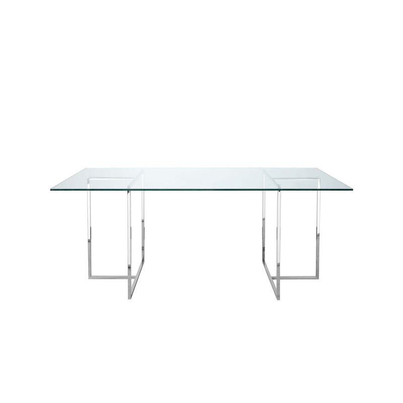Nisa 71 Inch Dining Table, Tempered Glass Rectangular Top, Chrome Metal - Benzara
