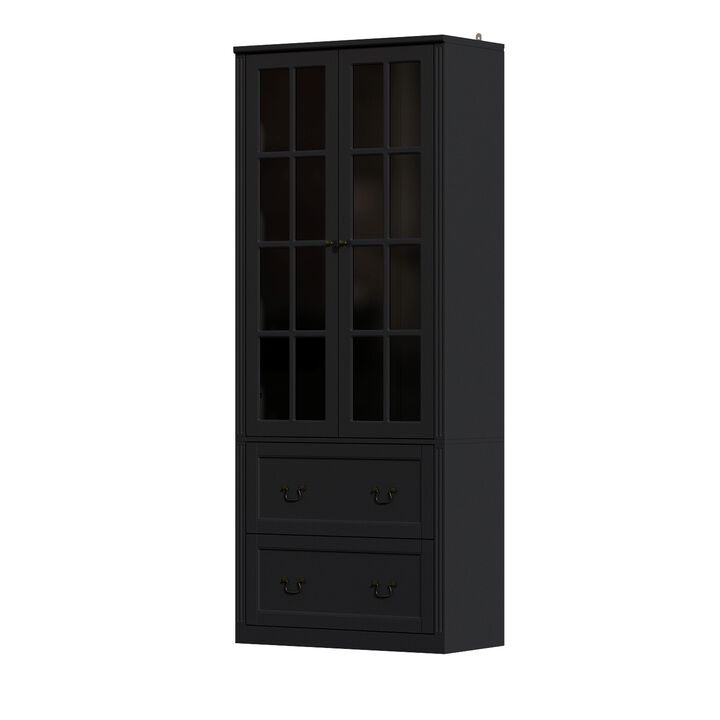 Black Wooden 31.5 in. W Buffet Pantry Cabinet Kitchen Cabinet with Adjustable Shelves and Tempered Glass Doors, Drawers