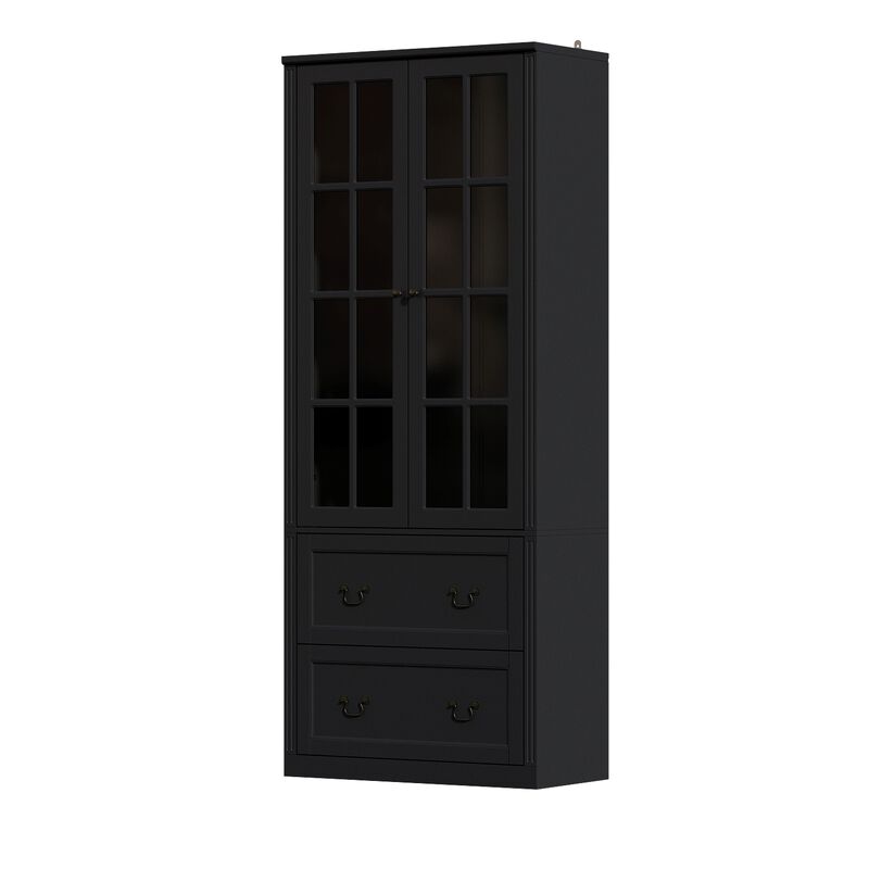 Black Wooden 31.5 in. W Buffet Pantry Cabinet Kitchen Cabinet with Adjustable Shelves and Tempered Glass Doors, Drawers