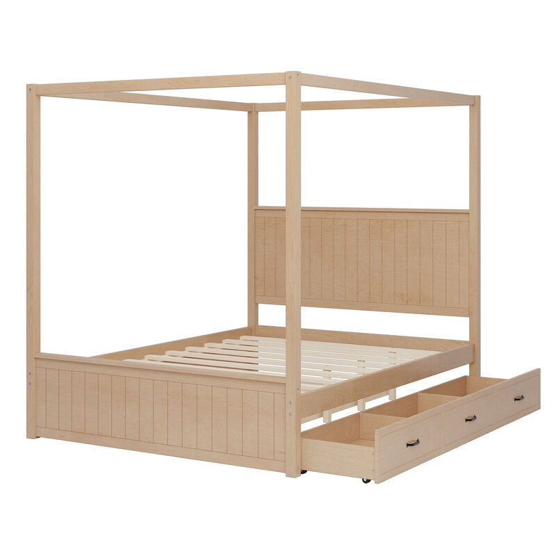 Merax 4-Post Canopy Platform Bed with Trundle and 3 Drawers