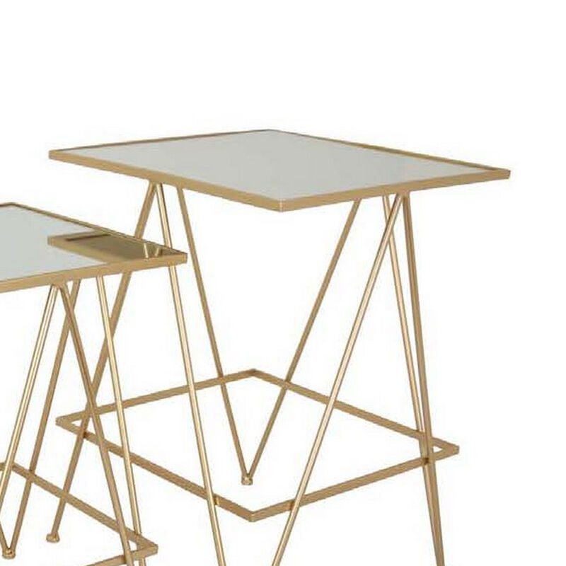 25 Inch Plant Stand Table Set of 3, Square, Metal, Mirror, Gold Finish - Benzara