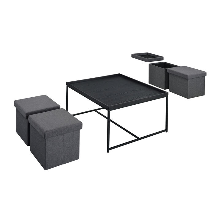 Vinny Black Wood Grain 5 Piece Coffee Table Set With Raised Edges