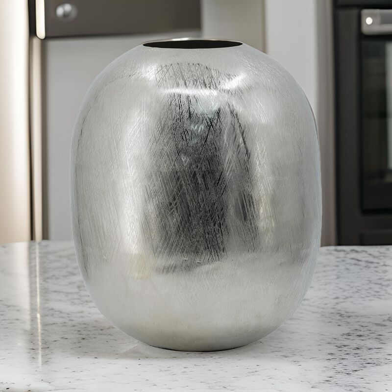 Chan 13 Inch Modern Metal Vase, Curved Round Shape, Metallic Silver Finish - Benzara