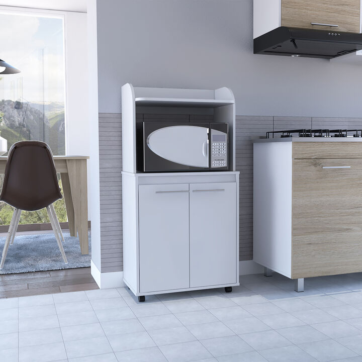 Kira Kitchen Kart, Double Door Cabinet, One Open Shelf, Two Interior Shelves - White