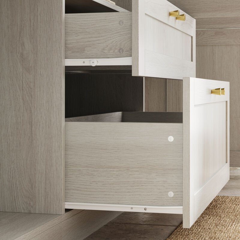 FUFU&GAGA Modern Wood Grain Bookcase with Adjustable Shelves and Lockable Drawers (63" W x 70.9" H x 15.7" D), Elegant Glass Doors and Wood Grain