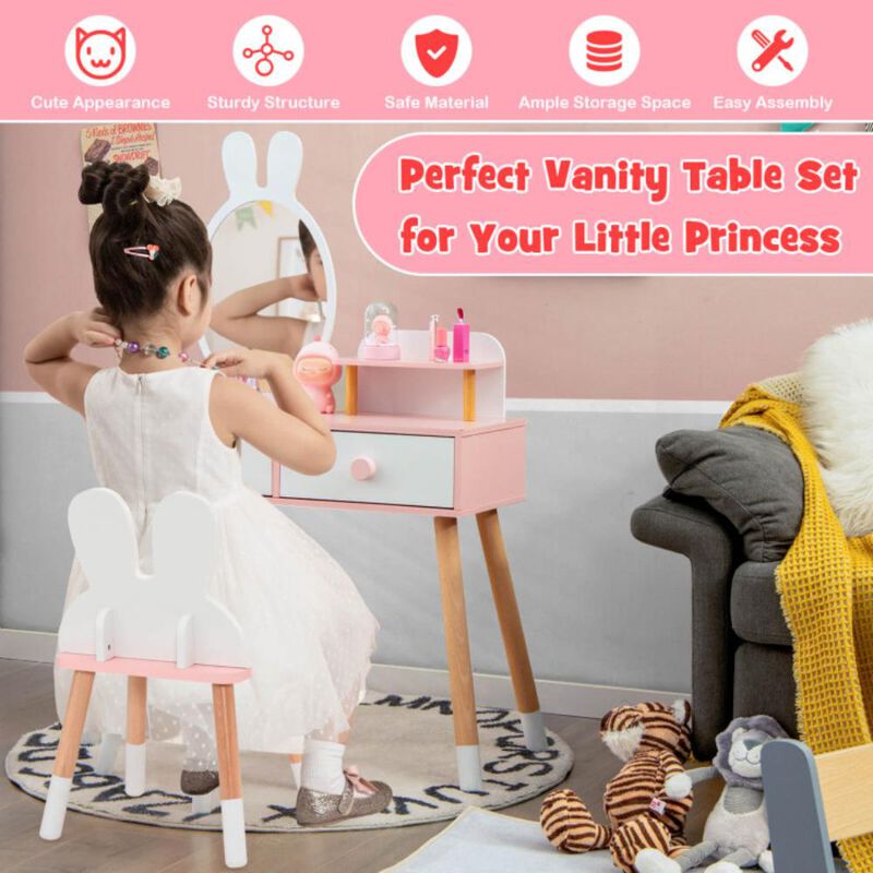 Hivvago Kids Vanity Table and Chair Set with Drawer Shelf and Rabbit Mirror