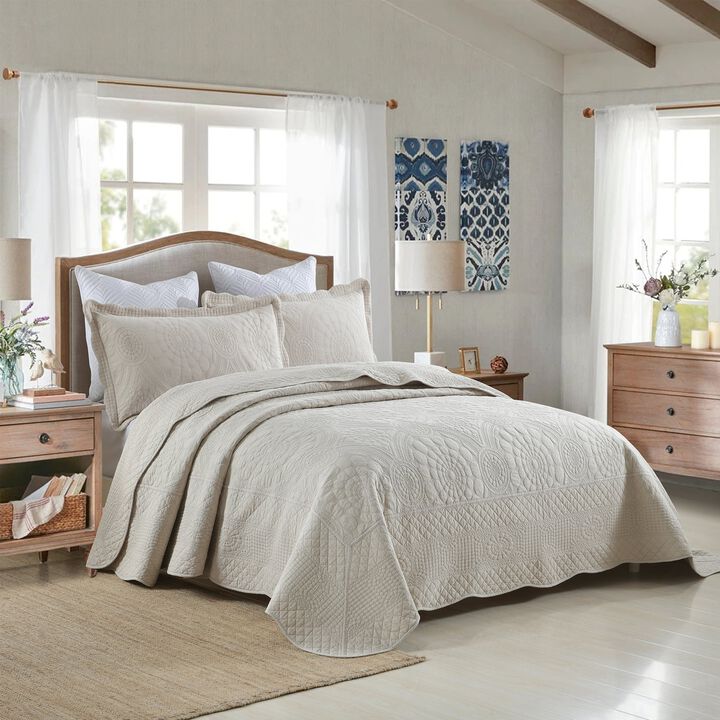 MarCielo 3 PCS 100% Cotton Oversized Bedspread Quilt Set Embroidery TF