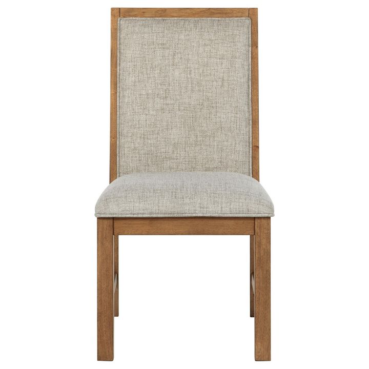 Rune Dining Side Chair Set of 2, Brown Asian Hardwood, Beige Fabric - Benzara