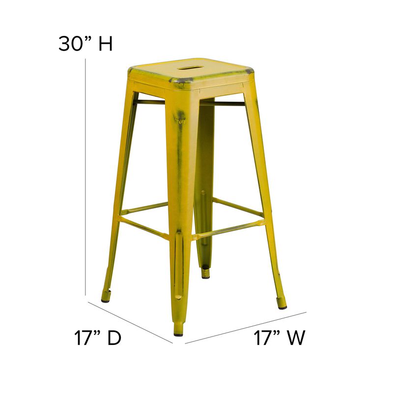 Flash Furniture Kai Commercial Grade 30" High Backless Distressed Yellow Metal Indoor-Outdoor Barstool