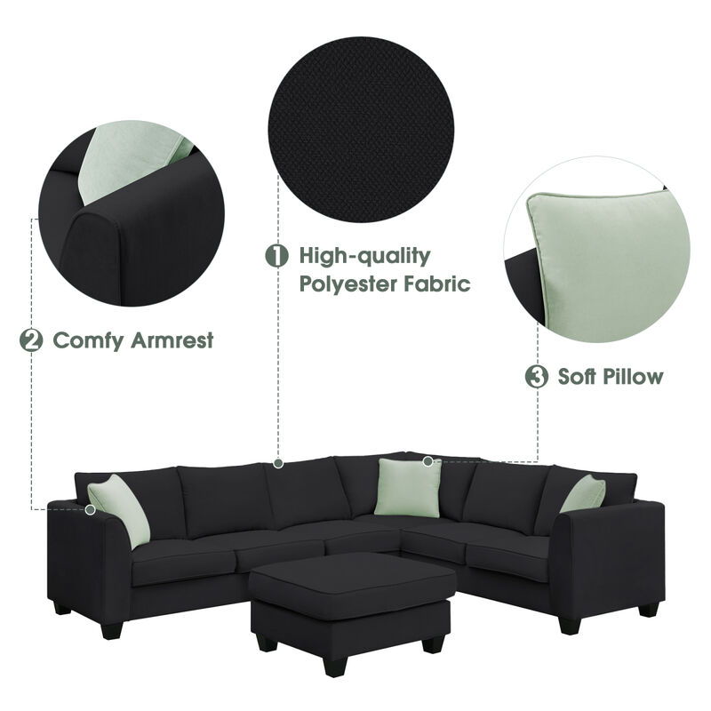 7-Seat L-Shape Modular Sectional Sofa Set with Ottoman