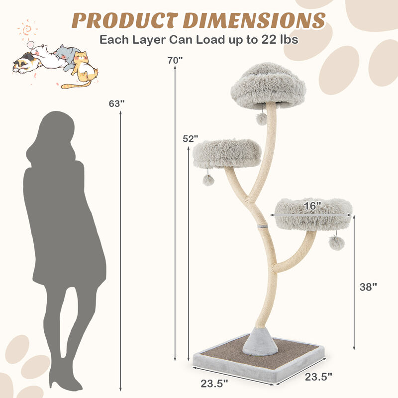 70" Tall Cat Tree 4-Layer Cat Tower with 3 Perches and Dangling Balls-Grey